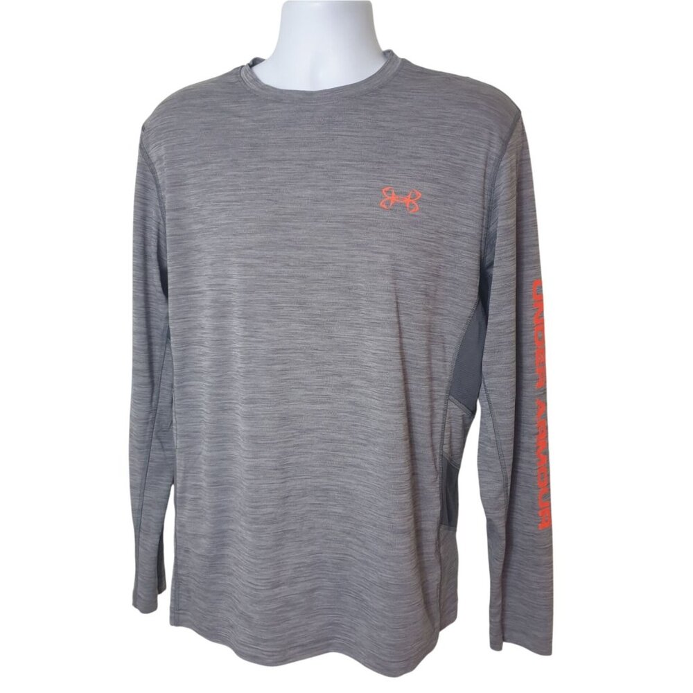 Under Armour Mens Performance Shirt XL Long Sleeve Gray Orange Loose Fish Hunter